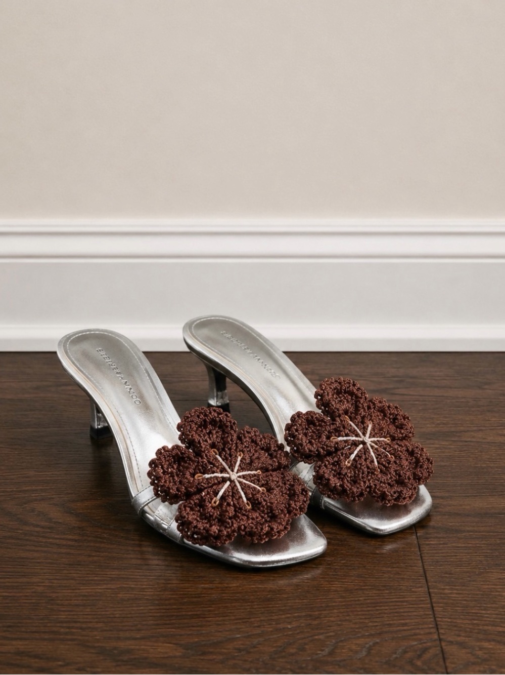 Mango x Siedres Silver Mules with Brown Crochet Flower